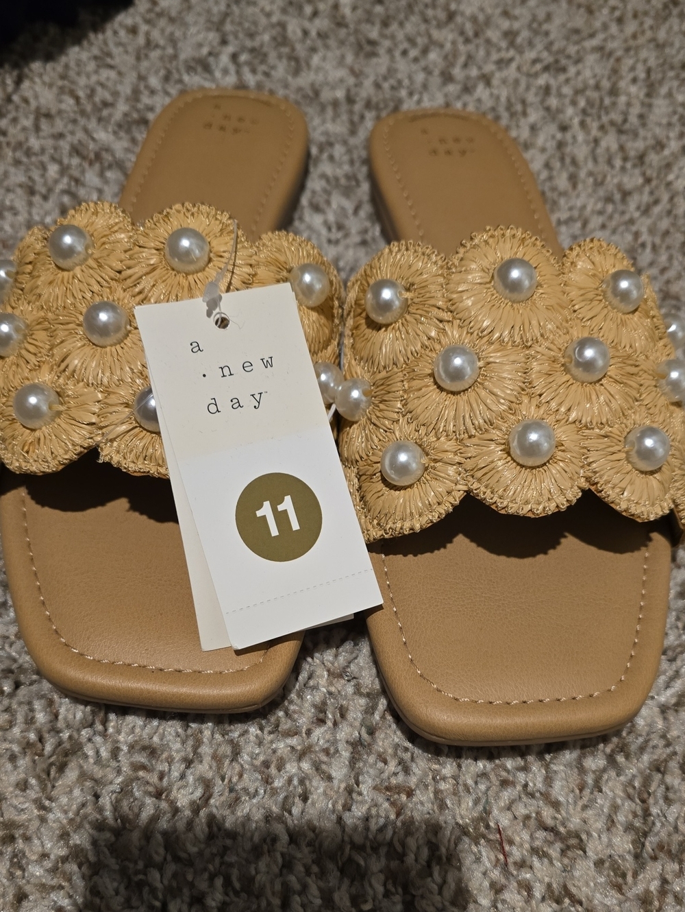a new day Tan Raffia Floral Pearl-Accent Slide Sandals